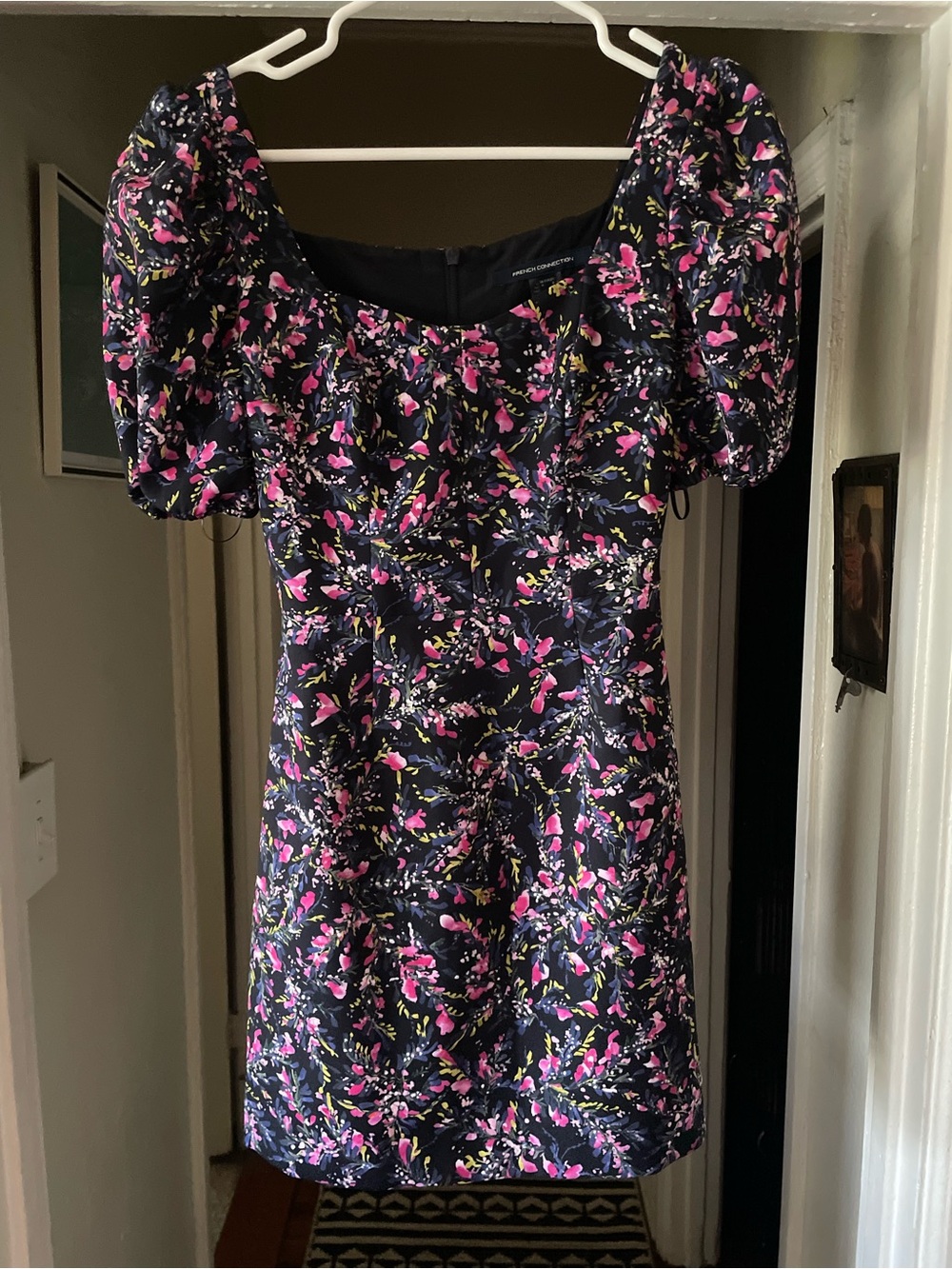 French Connection Black Floral Puff-Sleeve Mini Dress - Pink & Yellow Accents